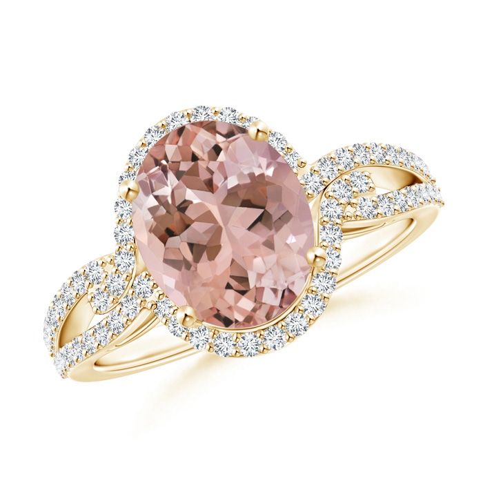 10x8mm AAAA Oval Morganite Split Shank Ring with Diamonds in Yellow Gold 
