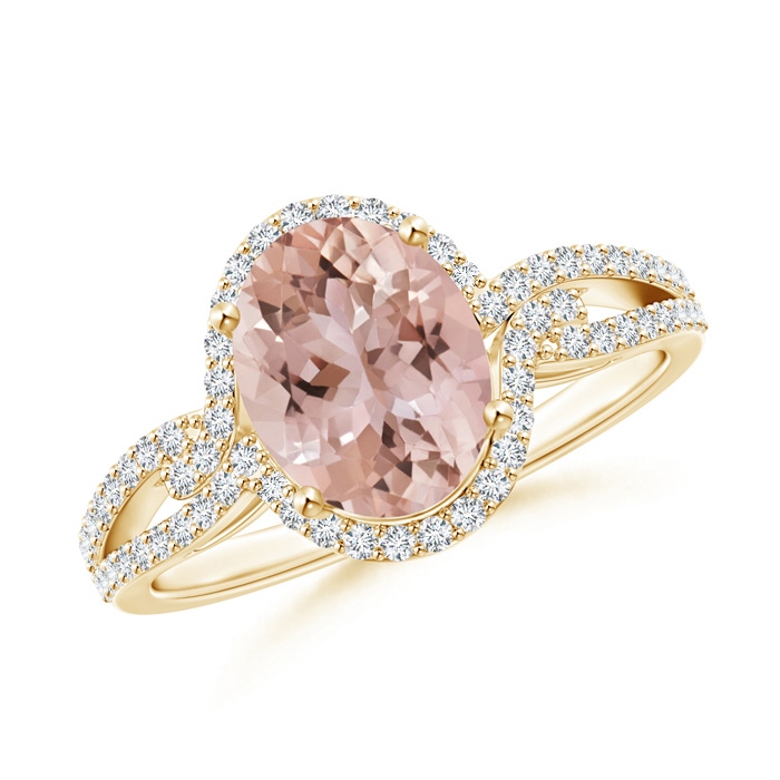 9x7mm AAA Oval Morganite Split Shank Ring with Diamonds in Yellow Gold 