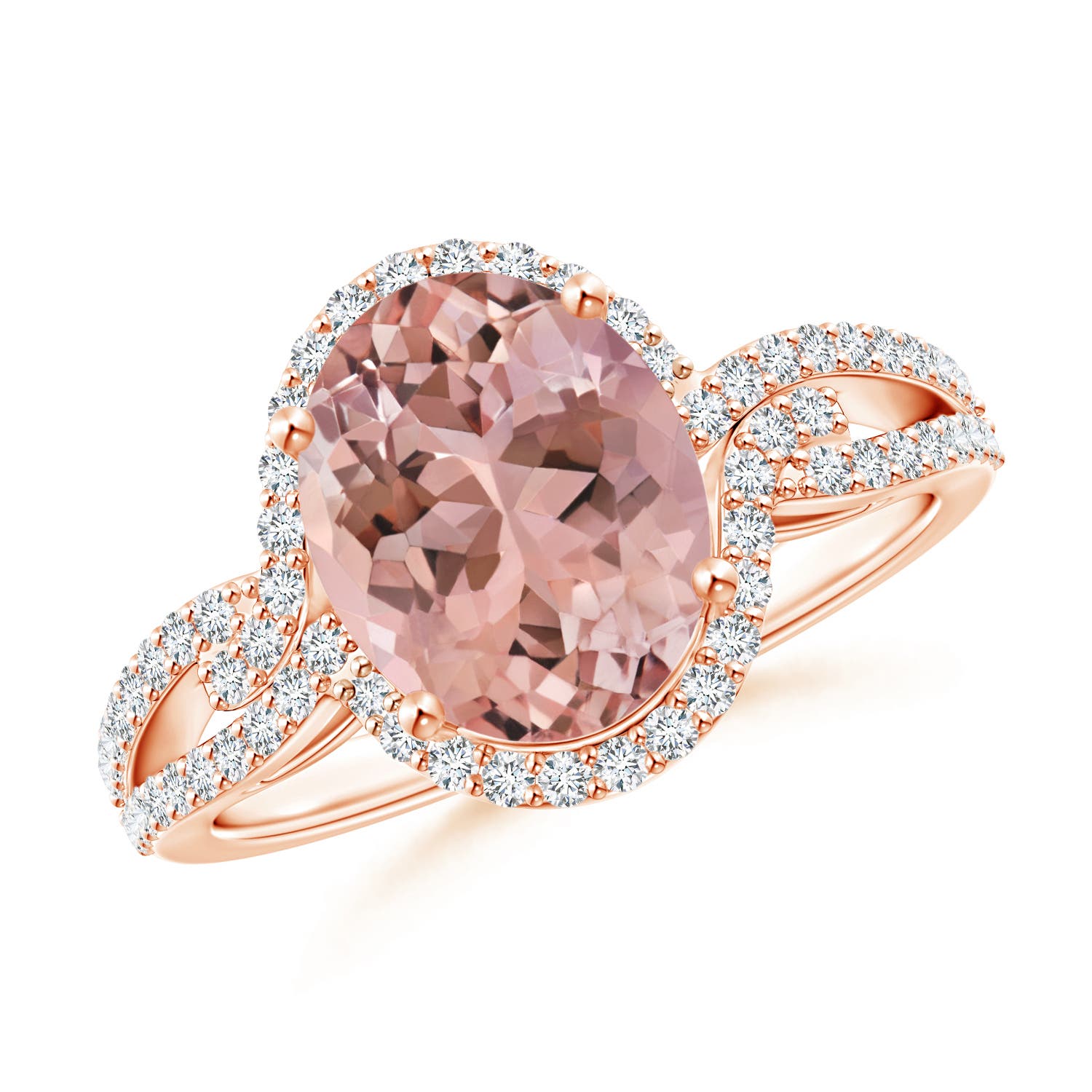 16x12mm AAAA Oval Morganite Split Shank Ring with Diamond Halo in 18K Rose Gold