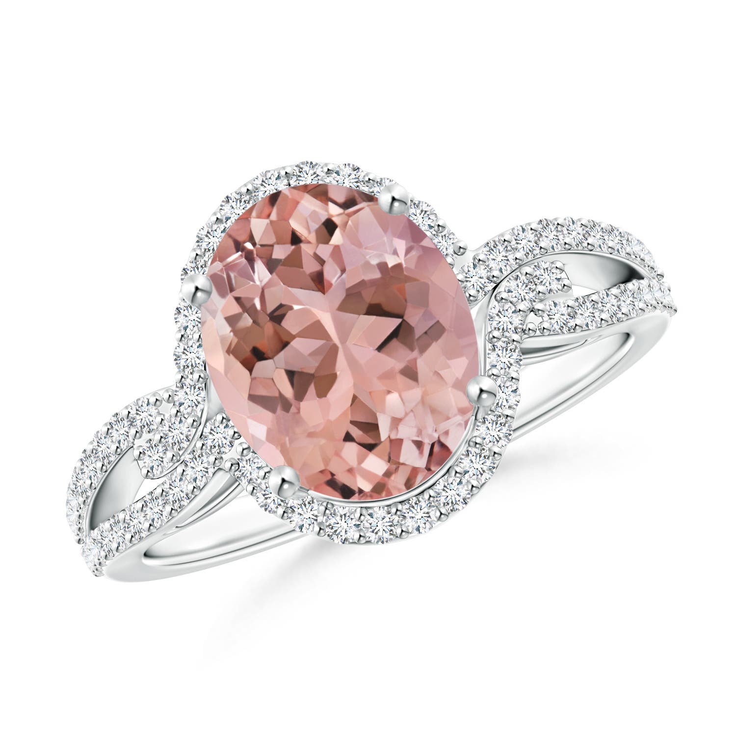 16x12mm AAAA Oval Morganite Split Shank Ring with Diamond Halo in 18K White Gold