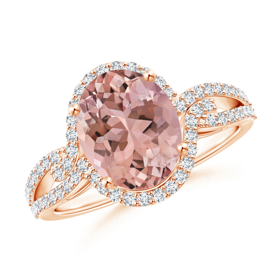 16x12mm AAAA Oval Morganite Split Shank Ring with Diamond Halo in Rose Gold 