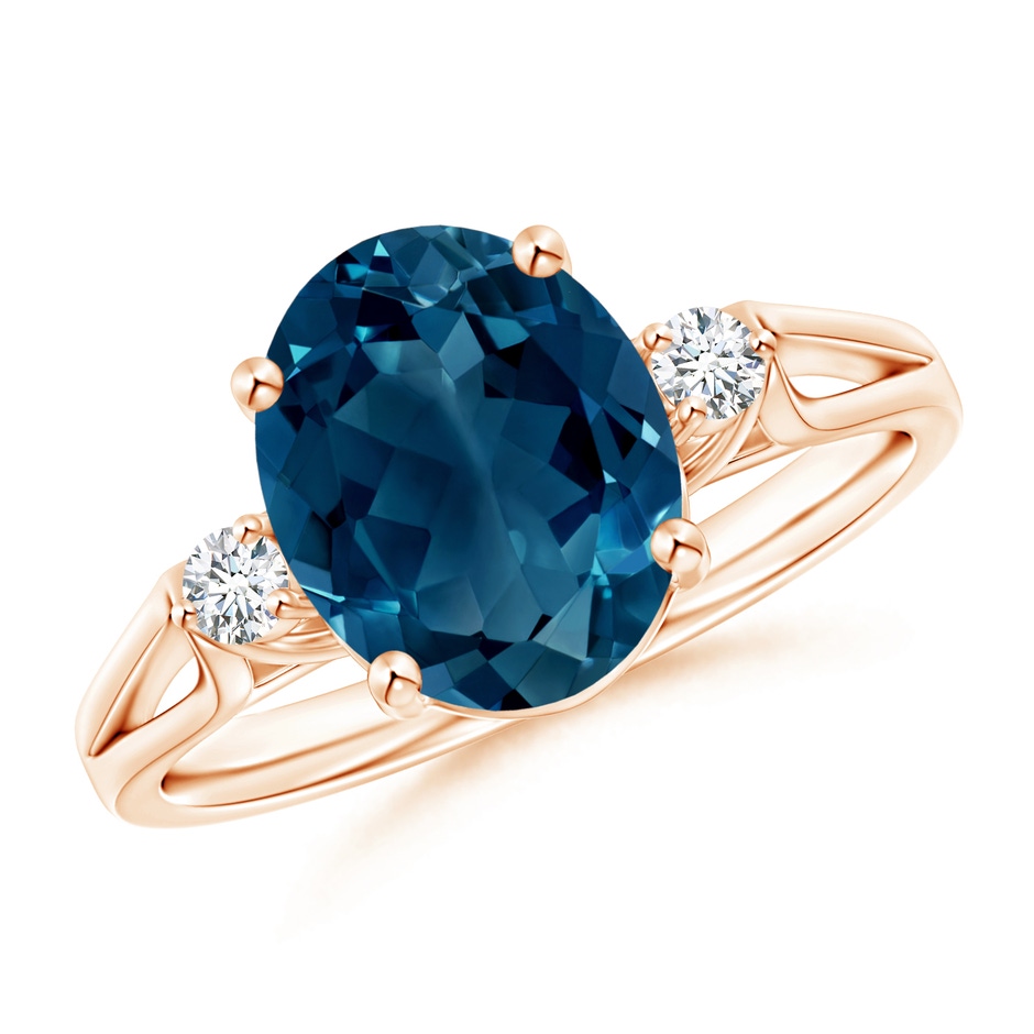 10x8mm AAAA Oval London Blue Topaz Loop Shank Ring with Diamond Accents in Rose Gold 