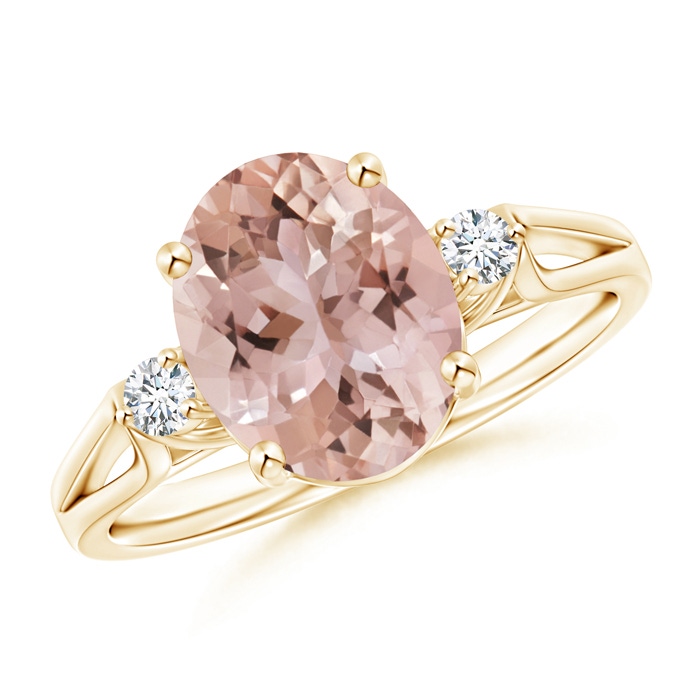 10x8mm AAA Oval Morganite Loop Shank Ring with Tiny Diamonds in Yellow Gold 
