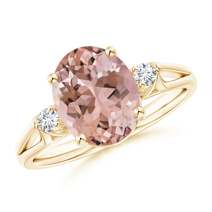 10x8mm AAAA Oval Morganite Loop Shank Ring with Tiny Diamonds in Yellow Gold 