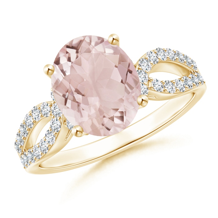 10x8mm A Solitaire Oval Morganite and Diamond Crossover Ring in Yellow Gold 