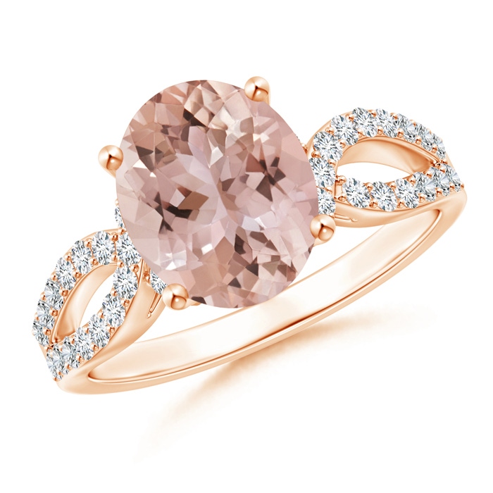 10x8mm AAA Solitaire Oval Morganite and Diamond Crossover Ring in Rose Gold 