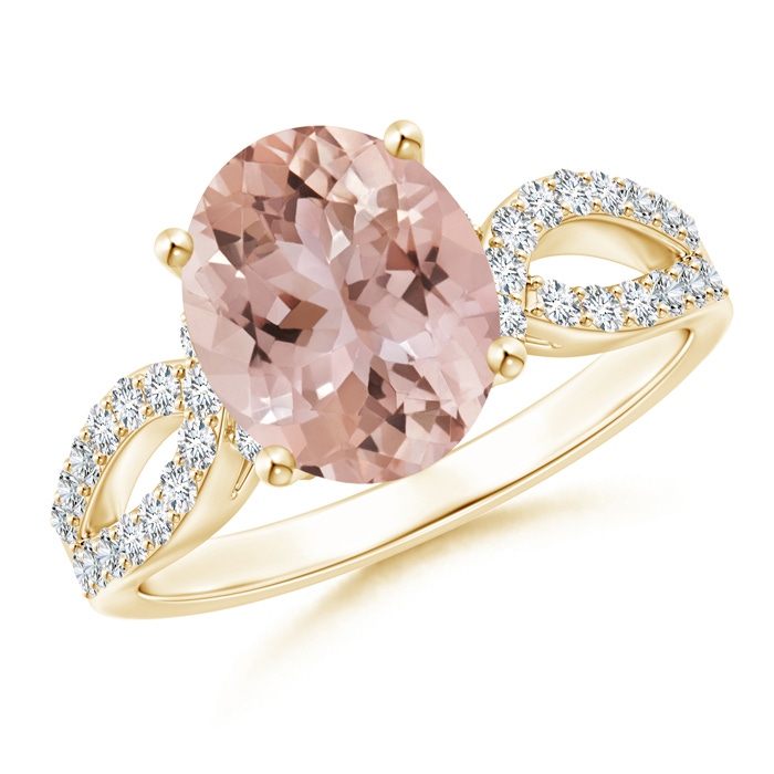 10x8mm AAA Solitaire Oval Morganite and Diamond Crossover Ring in Yellow Gold 