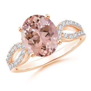 10x8mm AAAA Solitaire Oval Morganite and Diamond Crossover Ring in Rose Gold