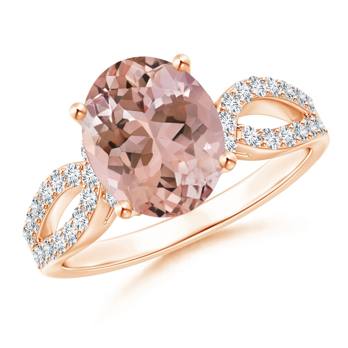 10x8mm AAAA Solitaire Oval Morganite and Diamond Crossover Ring in Rose Gold 