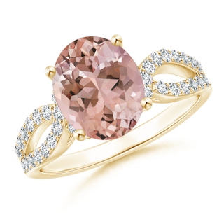 10x8mm AAAA Solitaire Oval Morganite and Diamond Crossover Ring in Yellow Gold