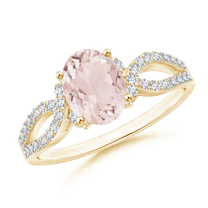 8x6mm A Solitaire Oval Morganite and Diamond Crossover Ring in Yellow Gold 