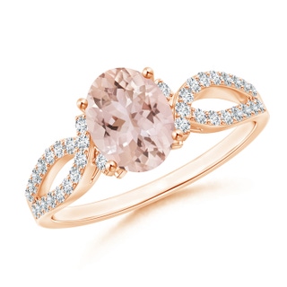 8x6mm AAA Solitaire Oval Morganite and Diamond Crossover Ring in Rose Gold