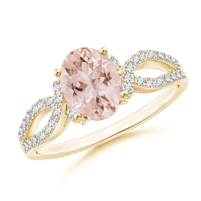 8x6mm AAA Solitaire Oval Morganite and Diamond Crossover Ring in Yellow Gold 