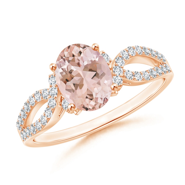 8x6mm AAAA Solitaire Oval Morganite and Diamond Crossover Ring in Rose Gold 