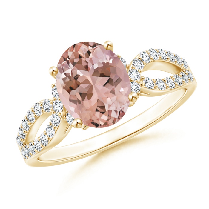 9x7mm AAAA Solitaire Oval Morganite and Diamond Crossover Ring in Yellow Gold