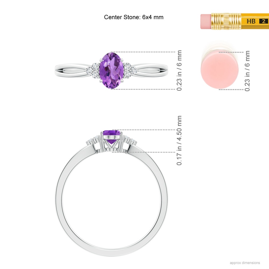 6x4mm AA Solitaire Oval Amethyst Split Shank Ring with Trio Diamonds in P950 Platinum ruler