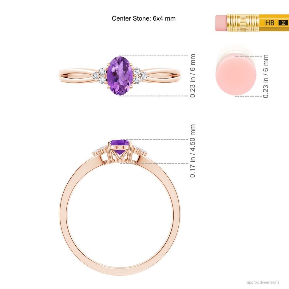 6x4mm AA Solitaire Oval Amethyst Split Shank Ring with Trio Diamonds in Rose Gold ruler