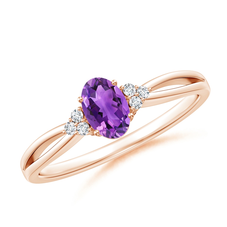 6x4mm AAA Solitaire Oval Amethyst Split Shank Ring with Trio Diamonds in Rose Gold 