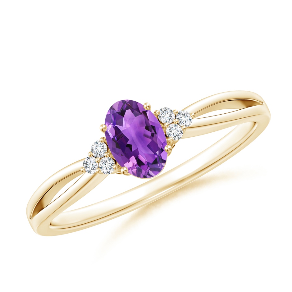 6x4mm AAA Solitaire Oval Amethyst Split Shank Ring with Trio Diamonds in Yellow Gold 