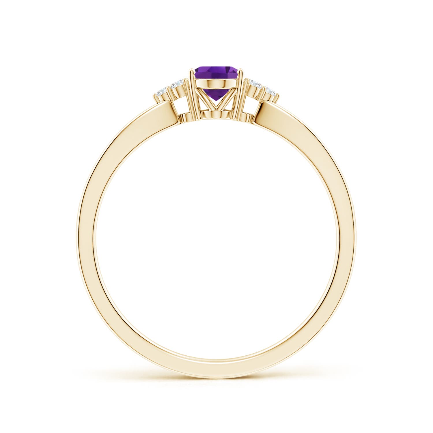 6x4mm AAA Solitaire Oval Amethyst Split Shank Ring with Trio Diamonds in Yellow Gold - side 2