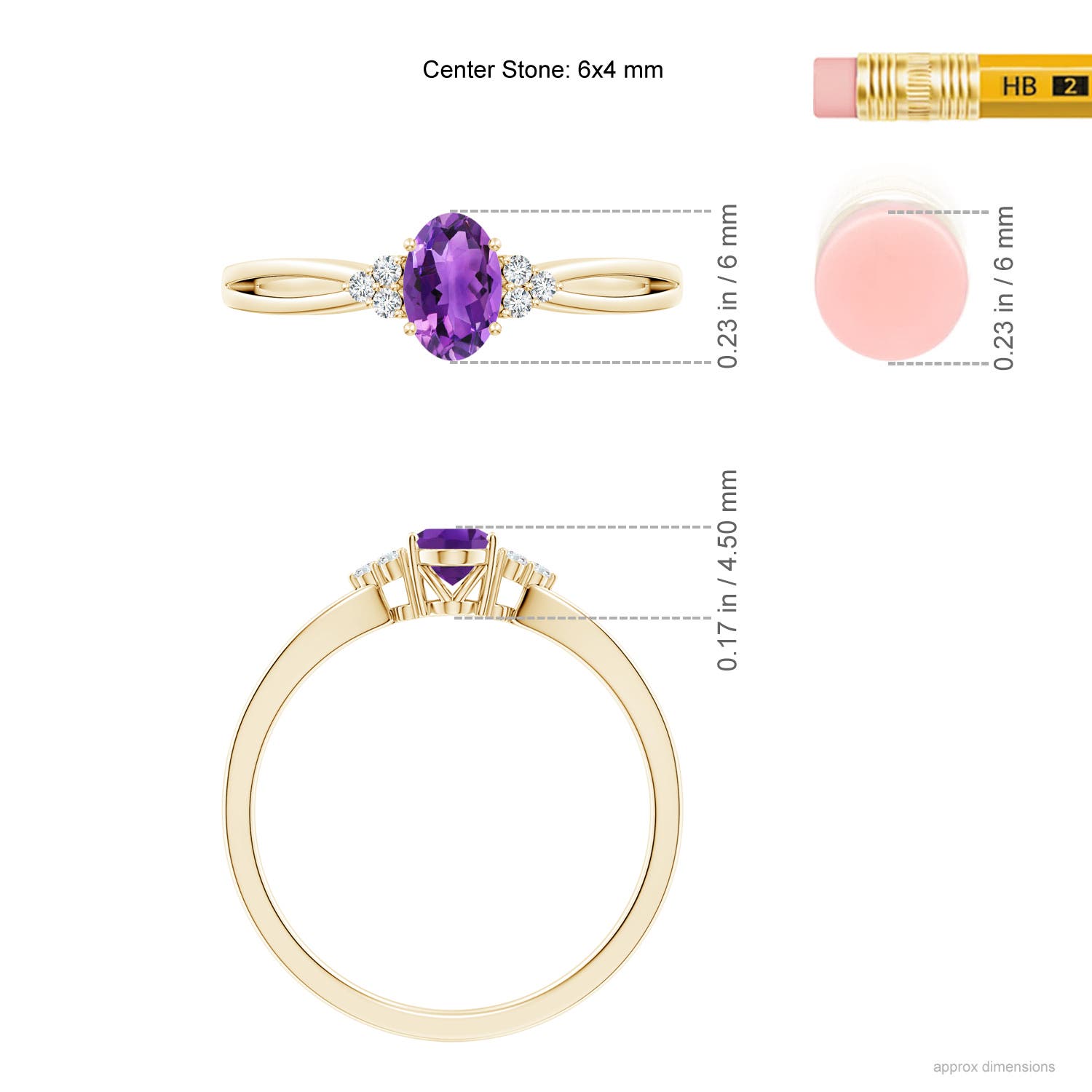 6x4mm AAA Solitaire Oval Amethyst Split Shank Ring with Trio Diamonds in Yellow Gold - ruler