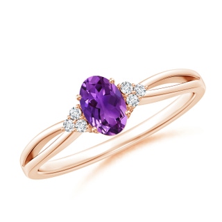 6x4mm AAAA Solitaire Oval Amethyst Split Shank Ring with Trio Diamonds in 10K Rose Gold