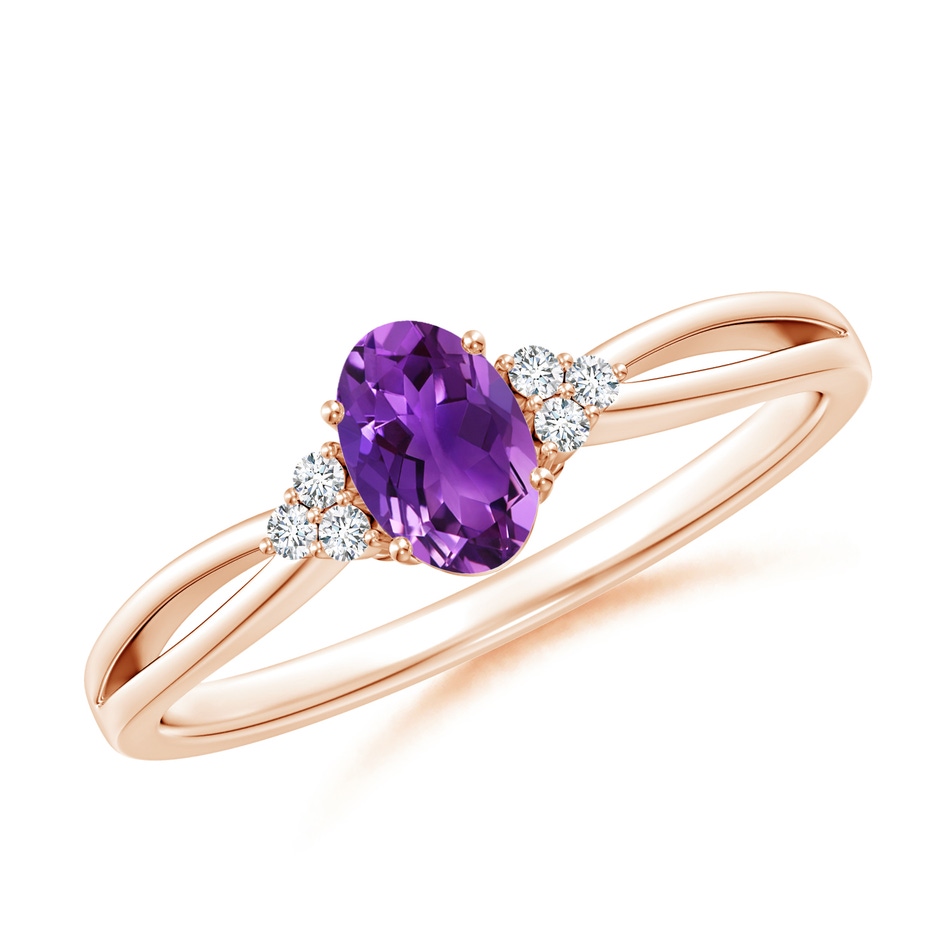 6x4mm AAAA Solitaire Oval Amethyst Split Shank Ring with Trio Diamonds in Rose Gold 