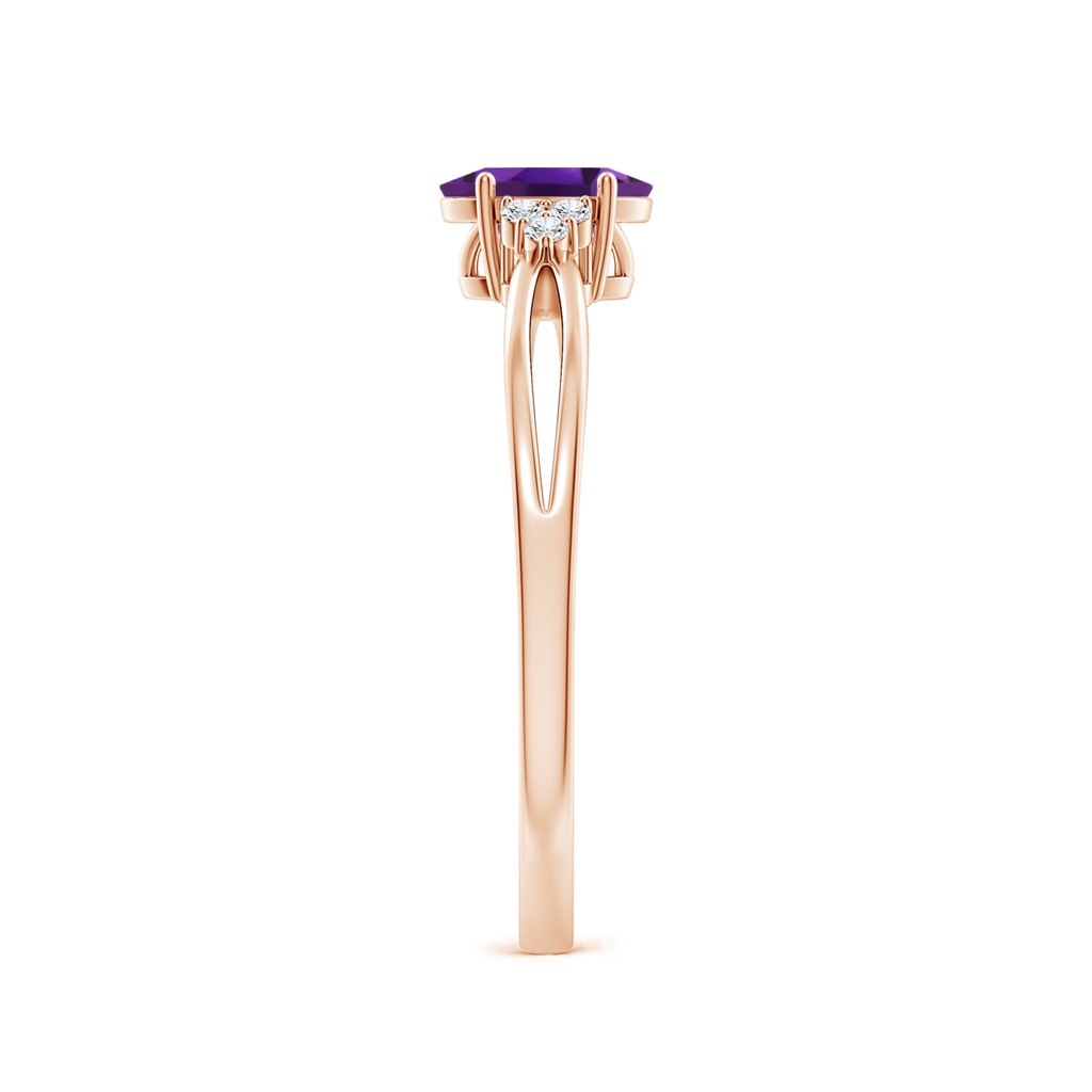 6x4mm AAAA Solitaire Oval Amethyst Split Shank Ring with Trio Diamonds in Rose Gold Side 299