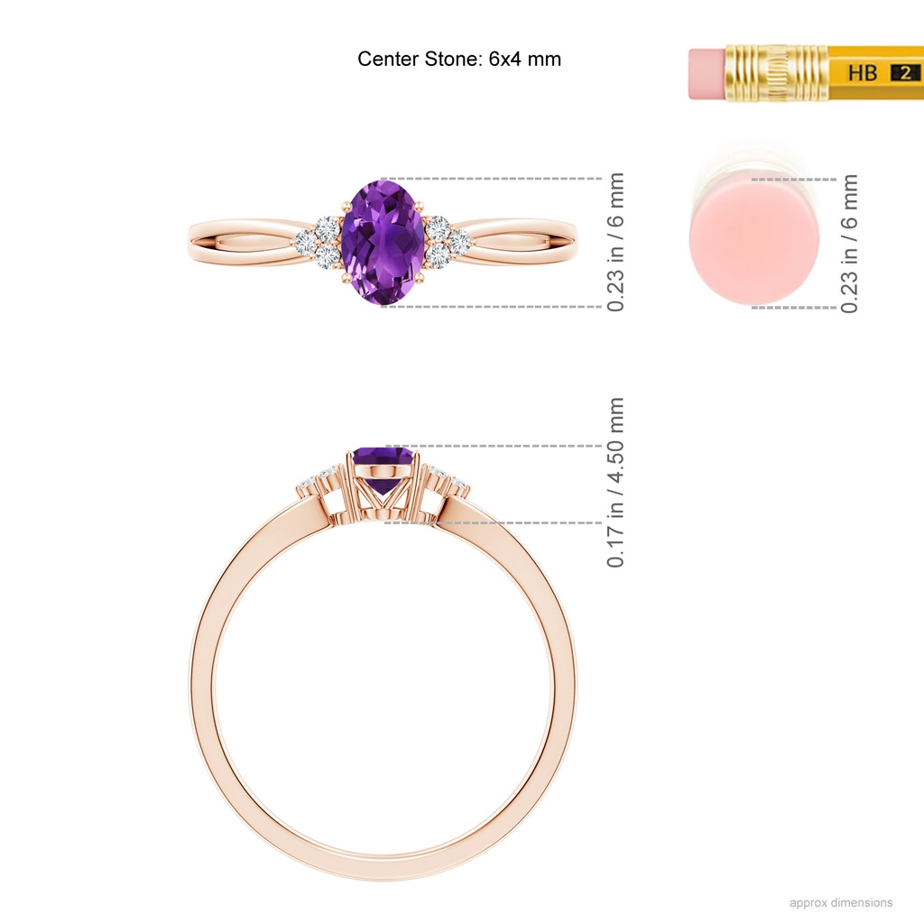 6x4mm AAAA Solitaire Oval Amethyst Split Shank Ring with Trio Diamonds in Rose Gold ruler