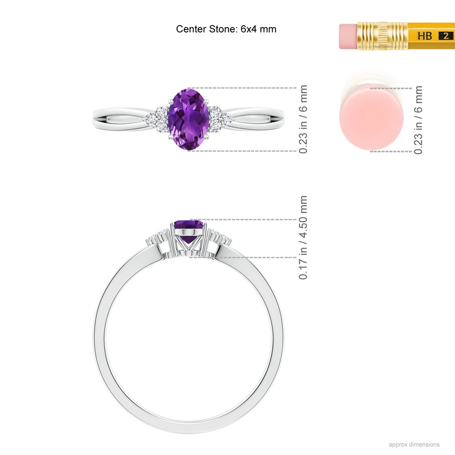 6x4mm AAAA Solitaire Oval Amethyst Split Shank Ring with Trio Diamonds in White Gold ruler