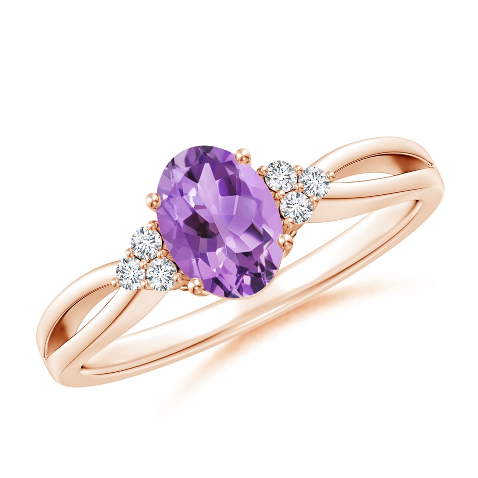 7x5mm A Solitaire Oval Amethyst Split Shank Ring with Trio Diamonds in Rose Gold 