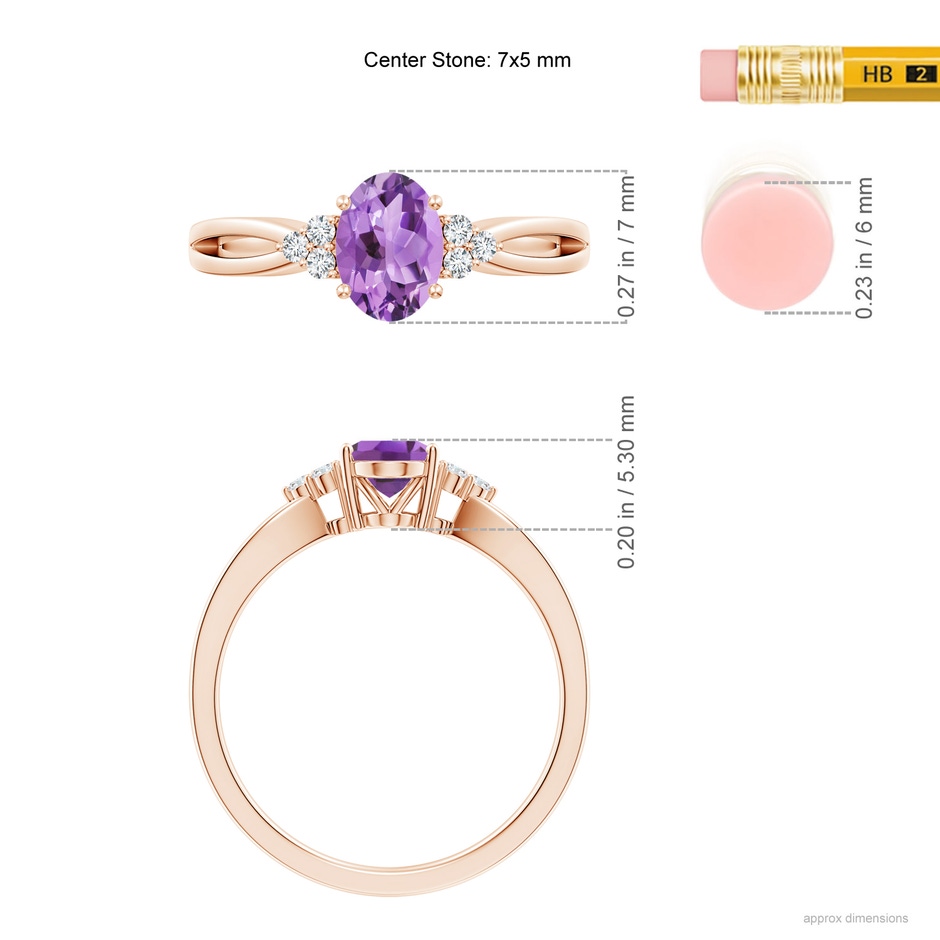 7x5mm A Solitaire Oval Amethyst Split Shank Ring with Trio Diamonds in Rose Gold ruler