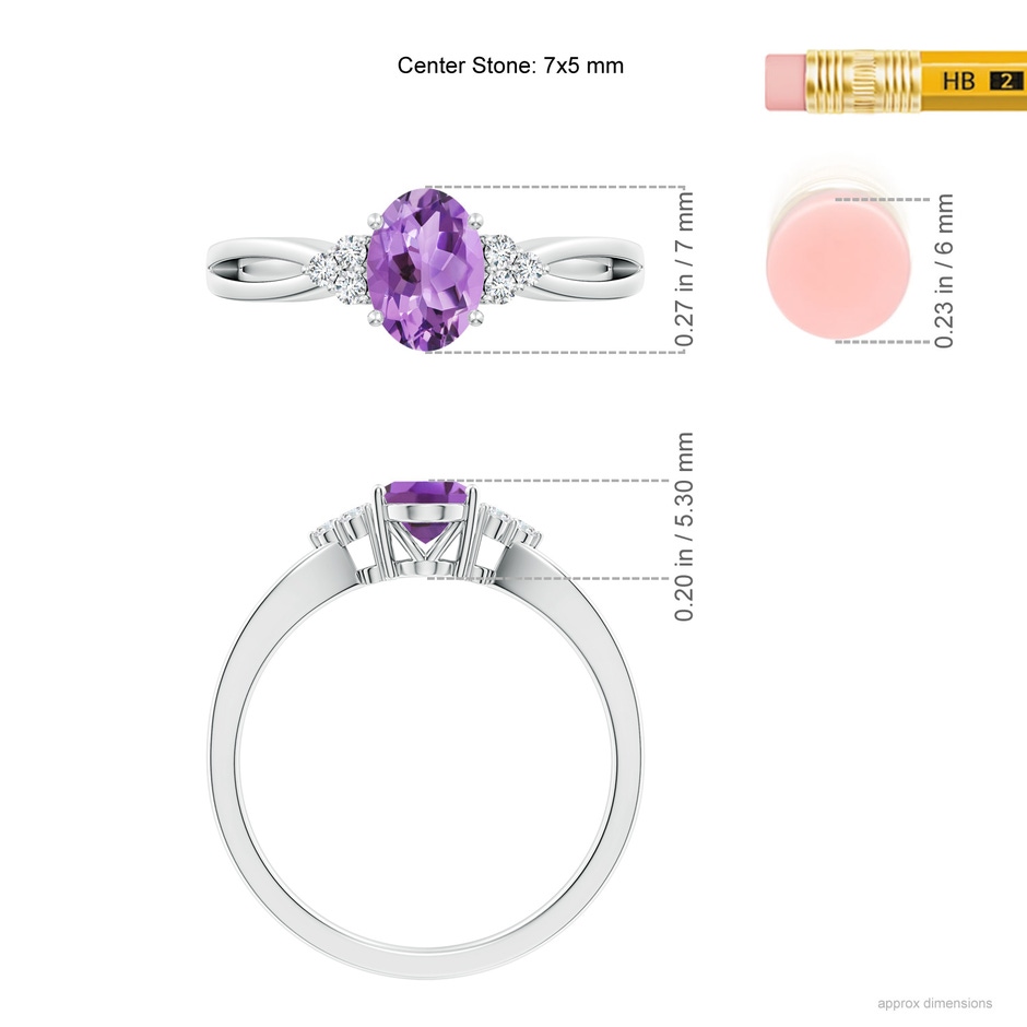 7x5mm A Solitaire Oval Amethyst Split Shank Ring with Trio Diamonds in White Gold ruler
