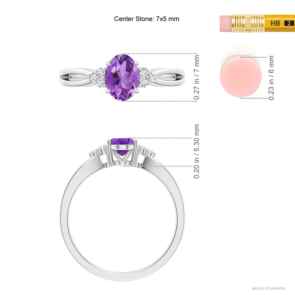 7x5mm AA Solitaire Oval Amethyst Split Shank Ring with Trio Diamonds in P950 Platinum ruler