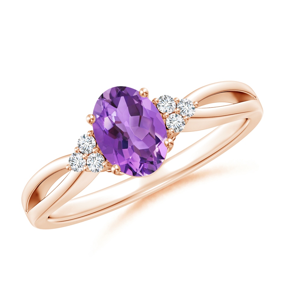 7x5mm AA Solitaire Oval Amethyst Split Shank Ring with Trio Diamonds in Rose Gold 