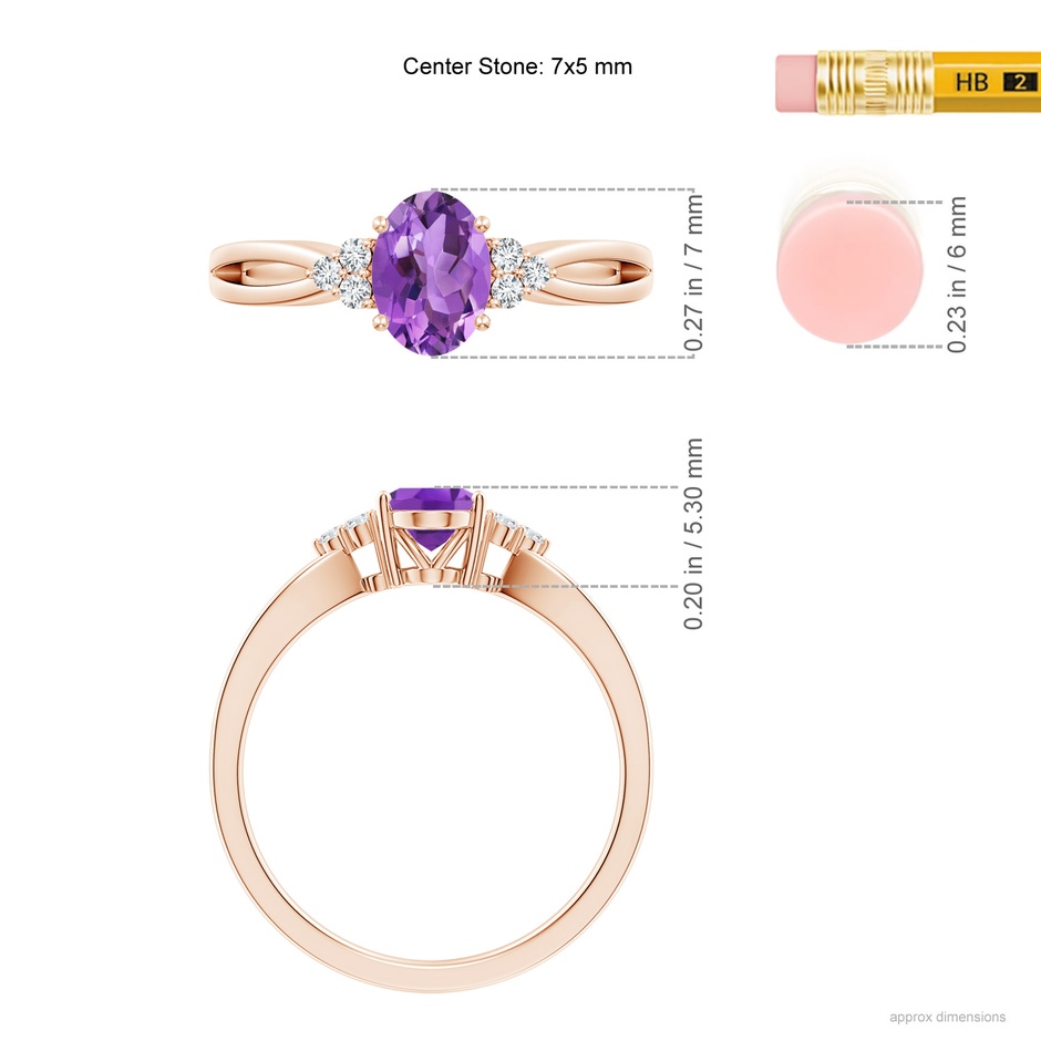 7x5mm AA Solitaire Oval Amethyst Split Shank Ring with Trio Diamonds in Rose Gold ruler