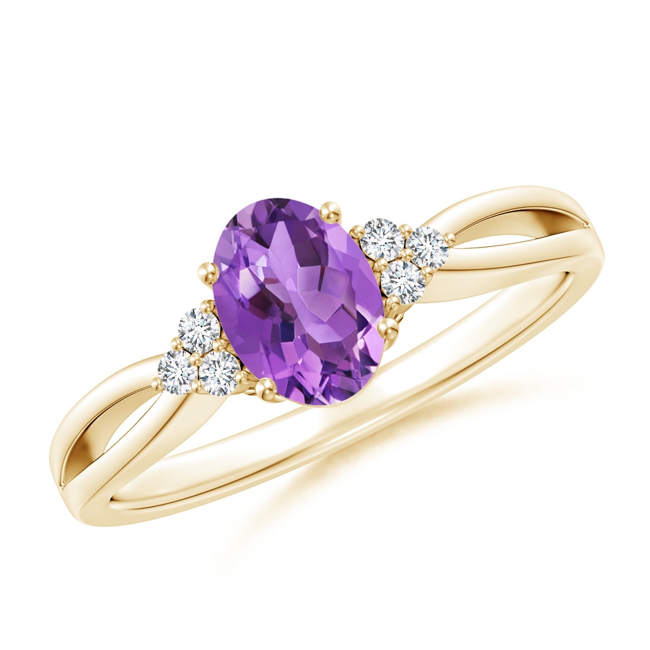 7x5mm AA Solitaire Oval Amethyst Split Shank Ring with Trio Diamonds in Yellow Gold 