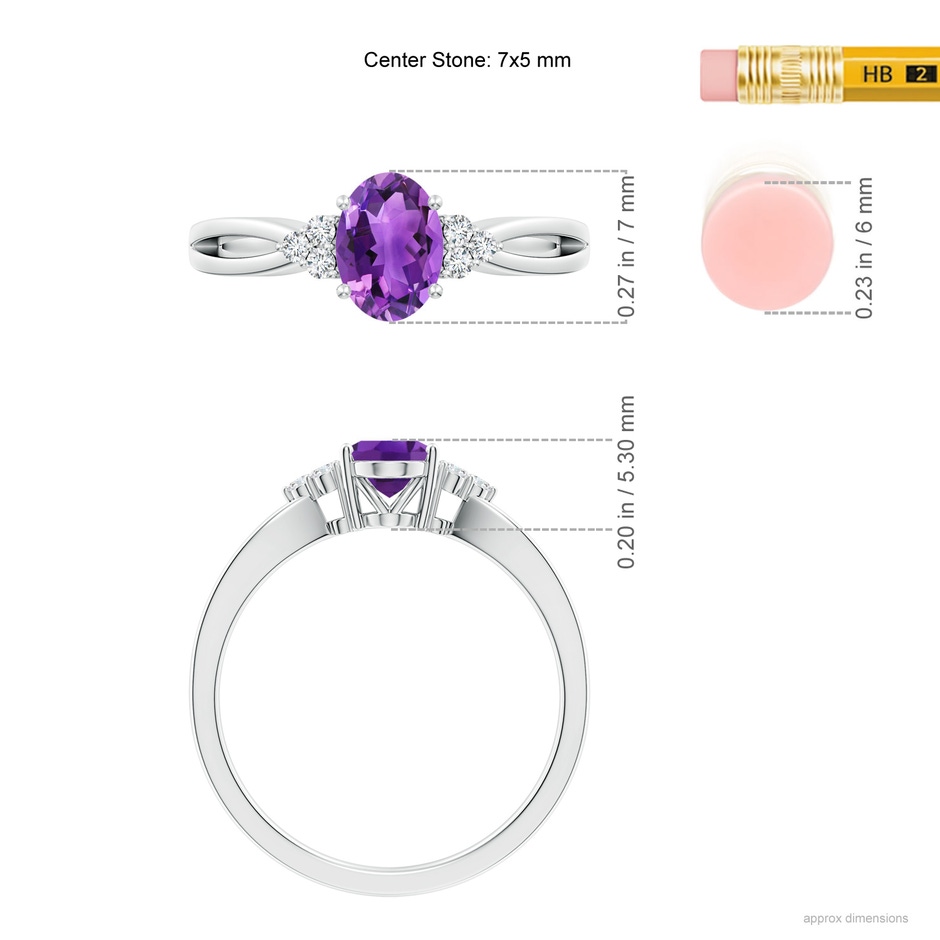 7x5mm AAA Solitaire Oval Amethyst Split Shank Ring with Trio Diamonds in White Gold ruler