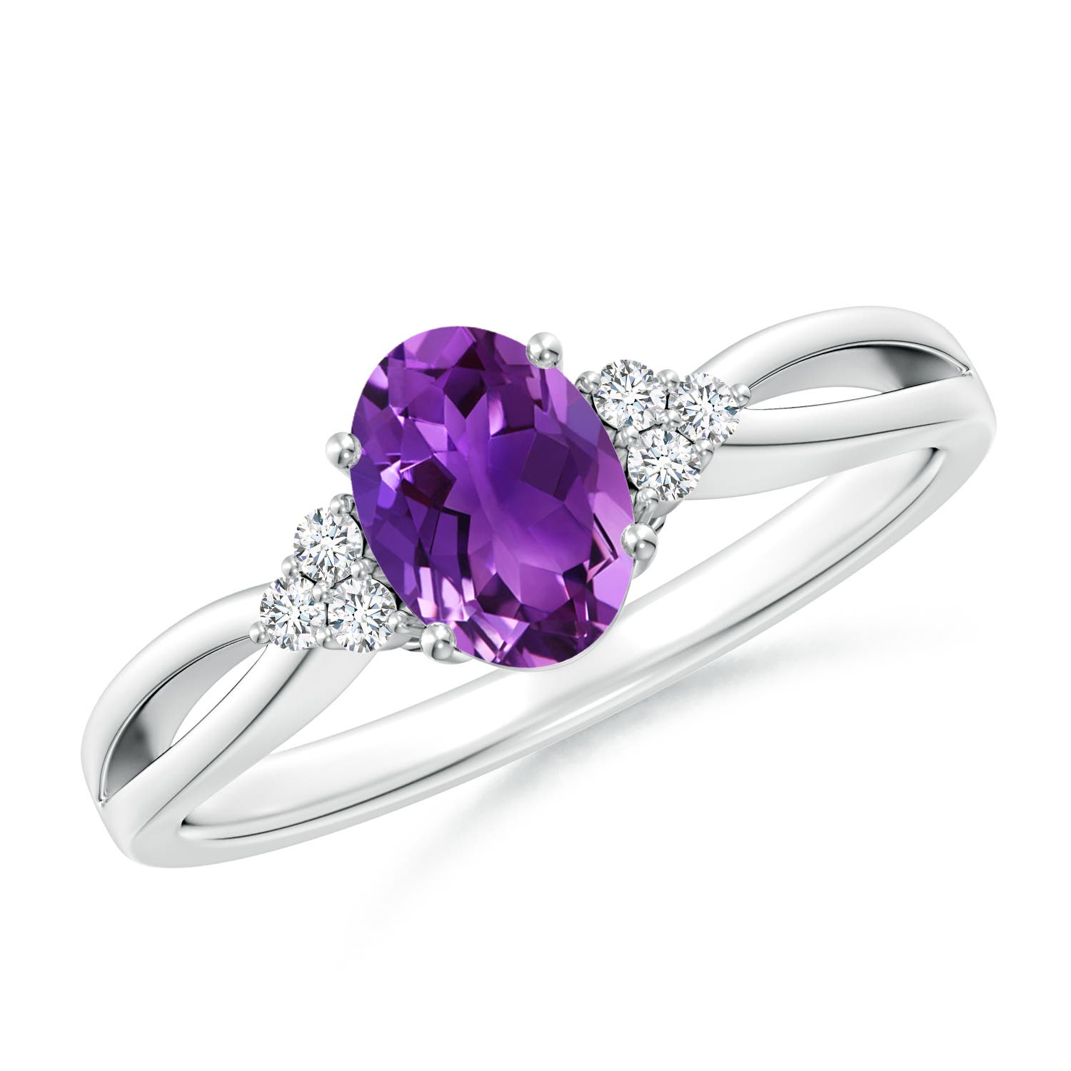 7x5mm AAAA Solitaire Oval Amethyst Split Shank Ring with Trio Diamonds in P950 Platinum