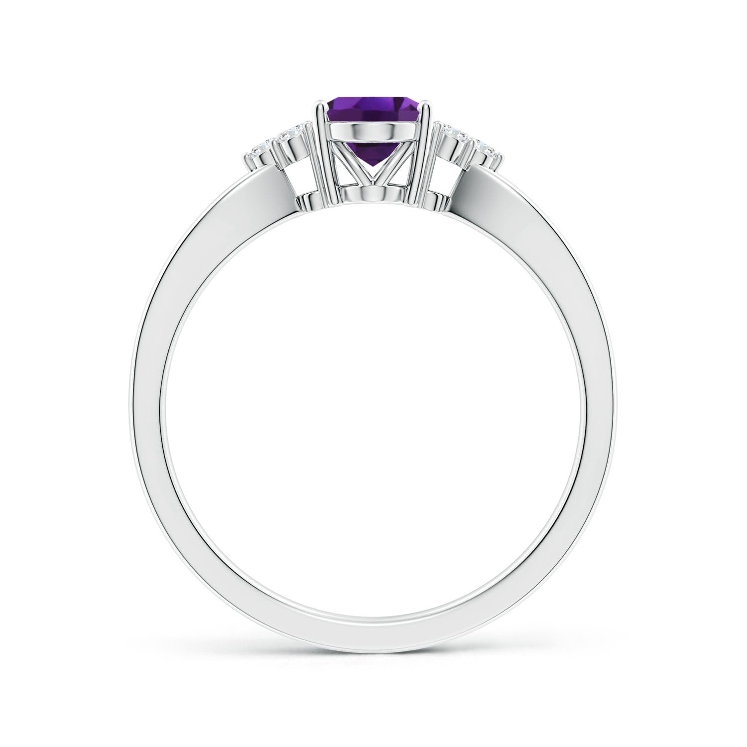7x5mm AAAA Solitaire Oval Amethyst Split Shank Ring with Trio Diamonds in White Gold