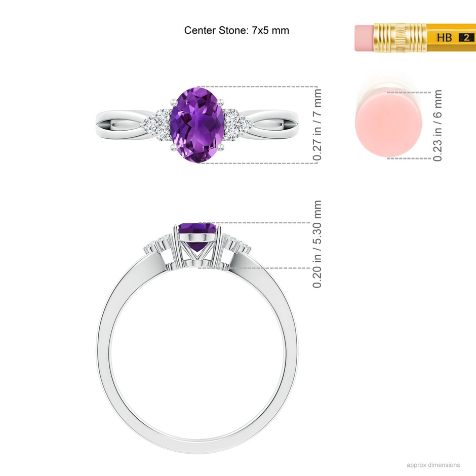 7x5mm AAAA Solitaire Oval Amethyst Split Shank Ring with Trio Diamonds in White Gold ruler