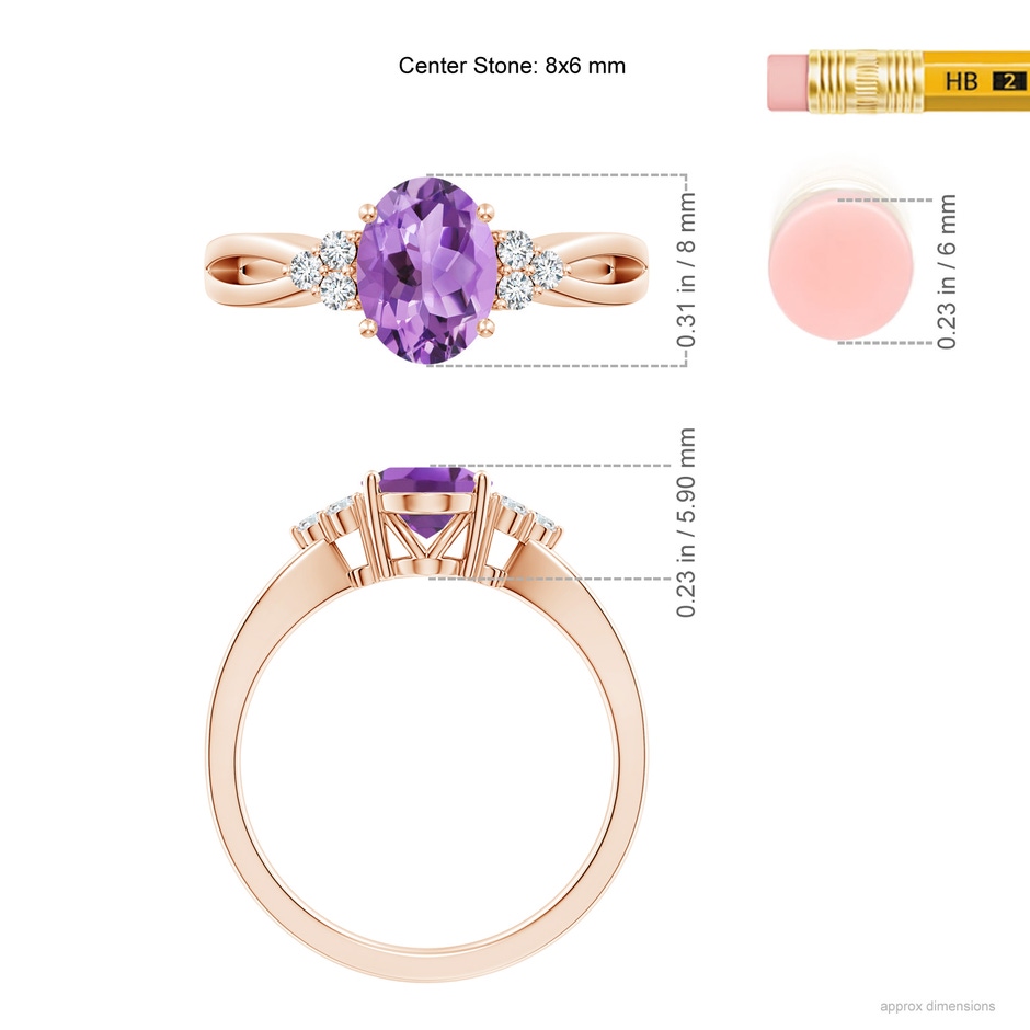 8x6mm A Solitaire Oval Amethyst Split Shank Ring with Trio Diamonds in Rose Gold ruler