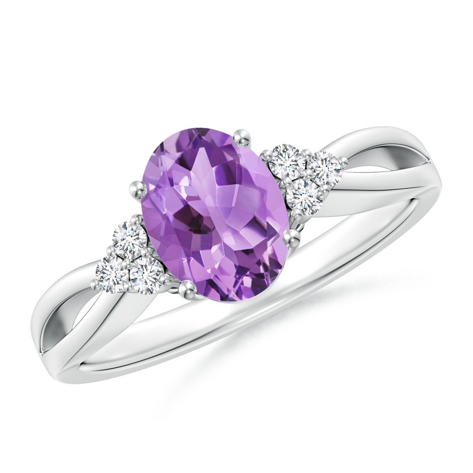 8x6mm A Solitaire Oval Amethyst Split Shank Ring with Trio Diamonds in White Gold 