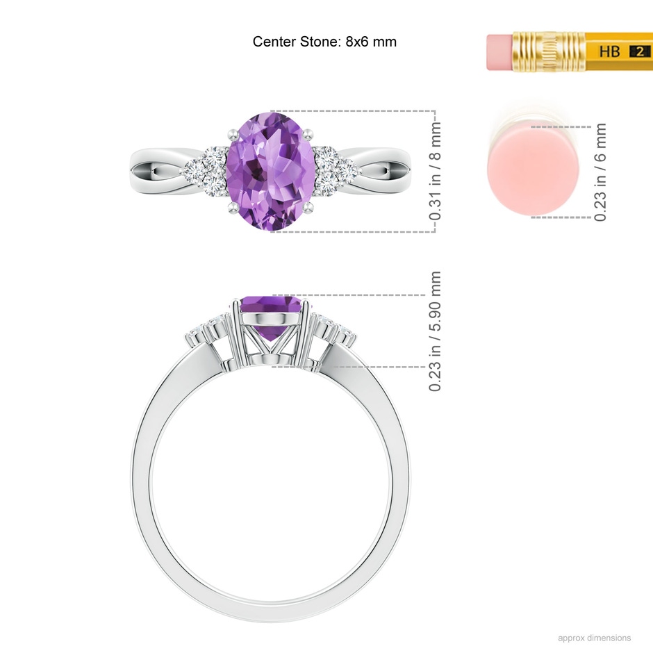 8x6mm A Solitaire Oval Amethyst Split Shank Ring with Trio Diamonds in White Gold ruler
