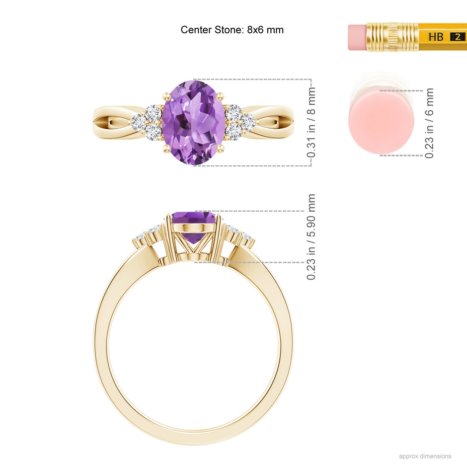8x6mm A Solitaire Oval Amethyst Split Shank Ring with Trio Diamonds in Yellow Gold ruler
