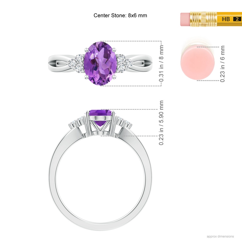 8x6mm AA Solitaire Oval Amethyst Split Shank Ring with Trio Diamonds in P950 Platinum ruler