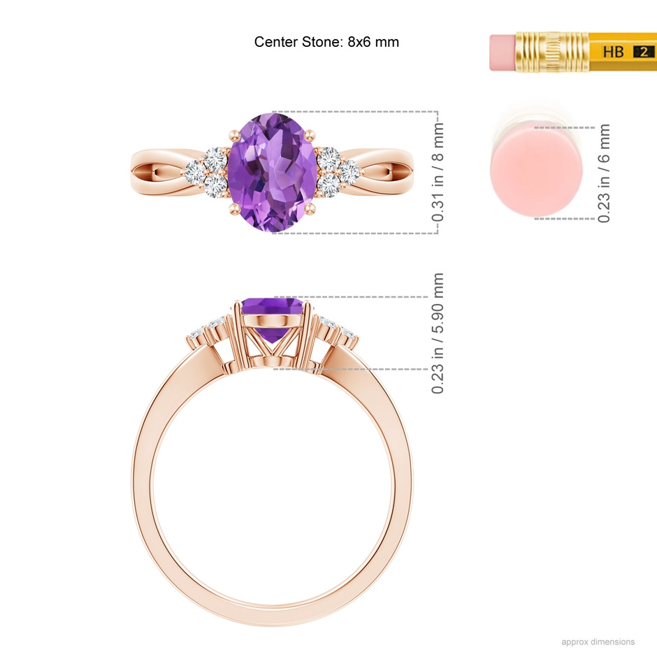 8x6mm AA Solitaire Oval Amethyst Split Shank Ring with Trio Diamonds in Rose Gold ruler