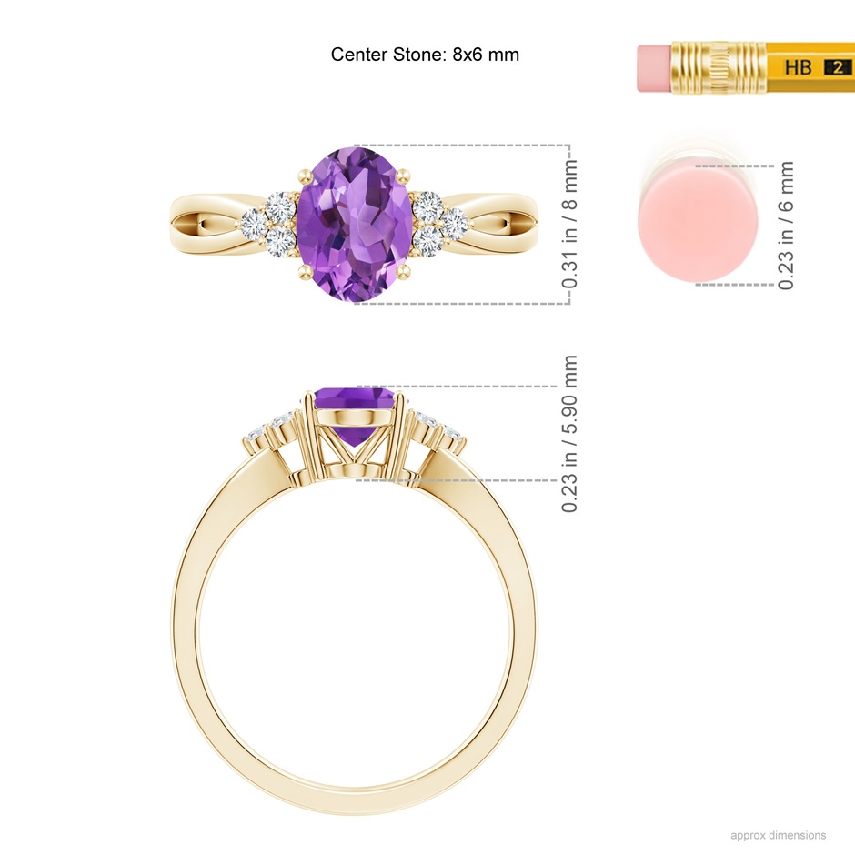 8x6mm AA Solitaire Oval Amethyst Split Shank Ring with Trio Diamonds in Yellow Gold ruler