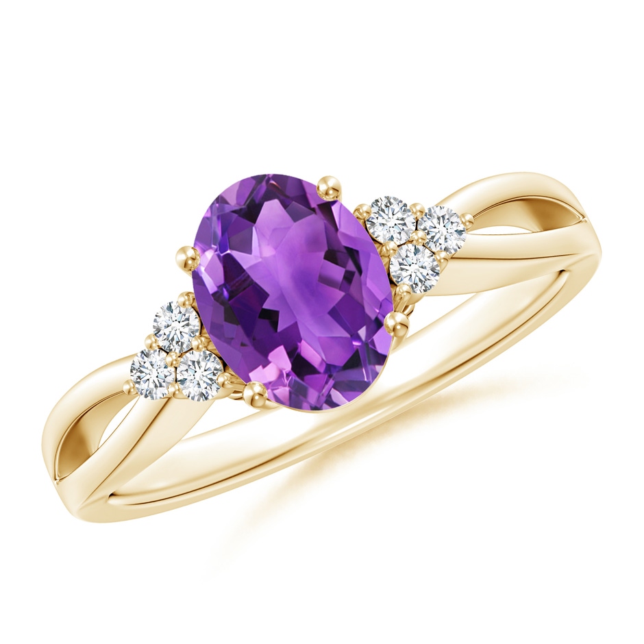 8x6mm AAA Solitaire Oval Amethyst Split Shank Ring with Trio Diamonds in Yellow Gold 