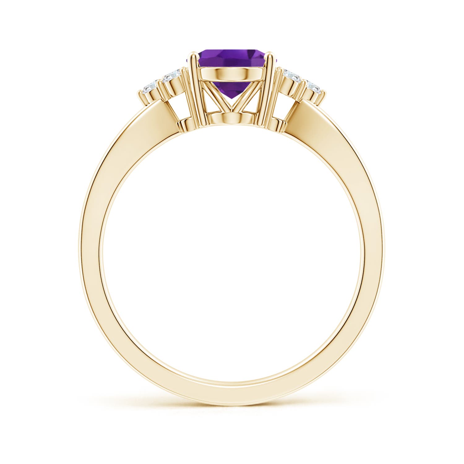 8x6mm AAA Solitaire Oval Amethyst Split Shank Ring with Trio Diamonds in Yellow Gold